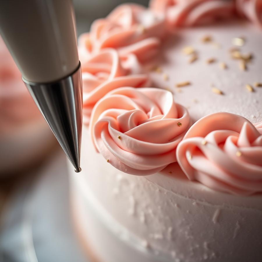 Close-up of buttercream rosettes being piped onto a cake