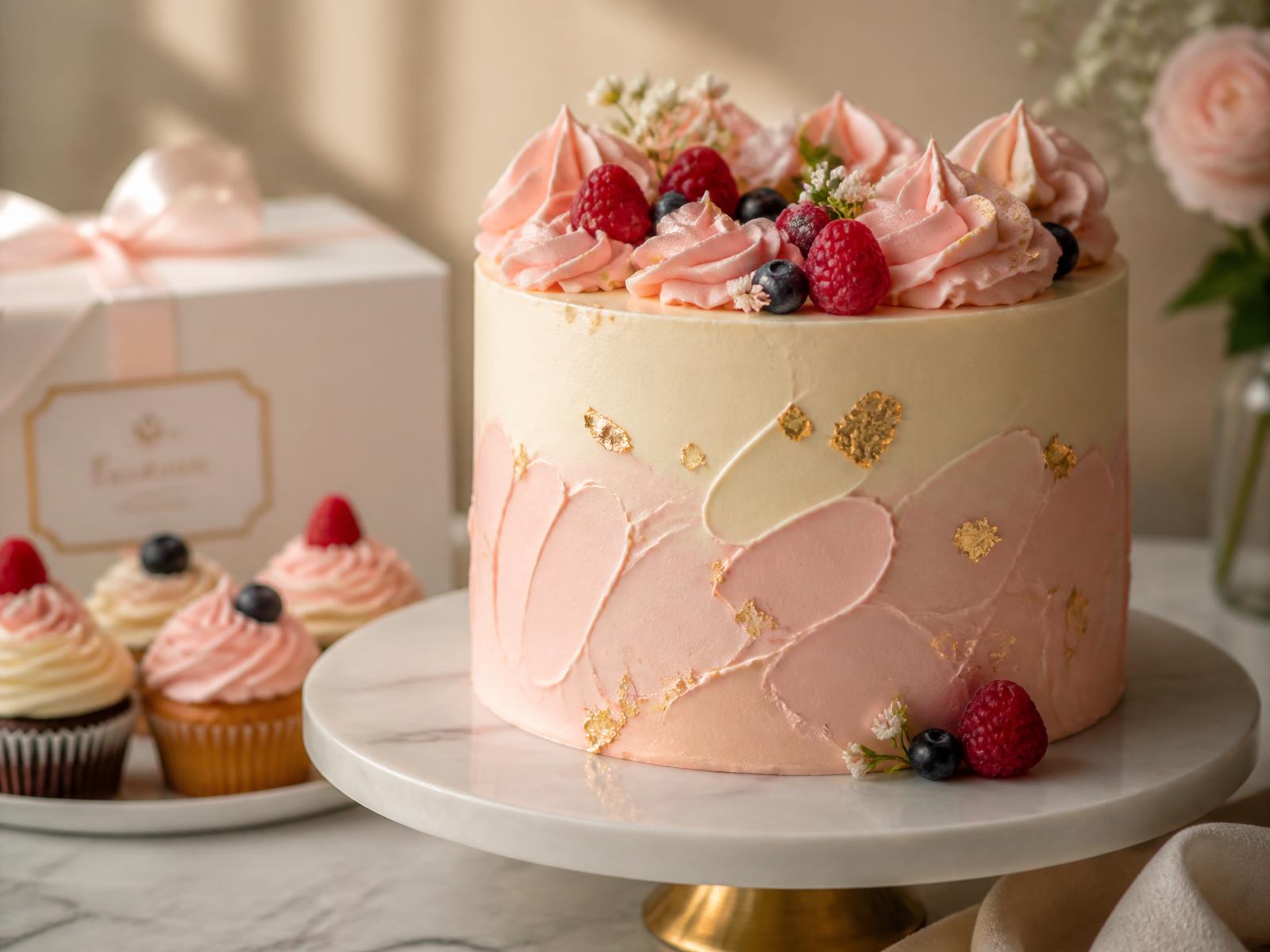 Blush and cream celebration cake decorated with berries and gold leaf